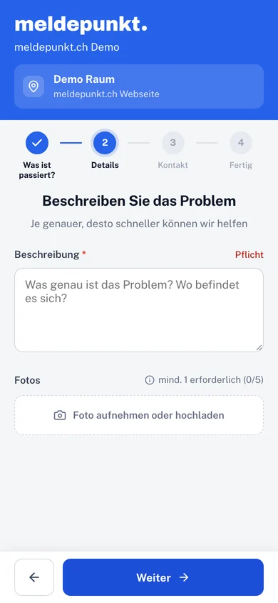Meldeseite auf dem Handy: Beschreibung des Problems und Foto aufnehmen oder hochladen