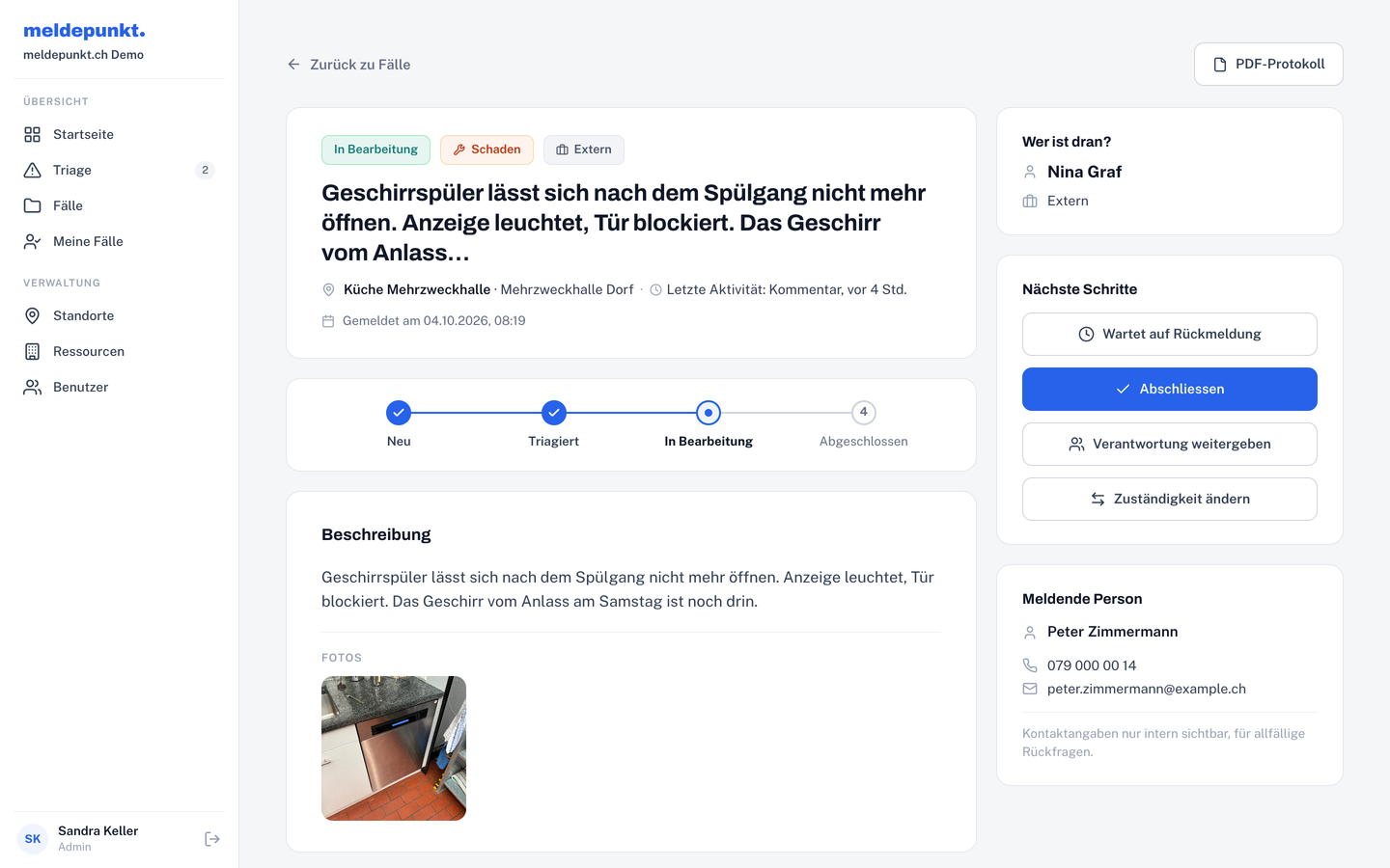 Interner Bereich: Falldetail mit Foto, Zuständigkeit und Verlauf