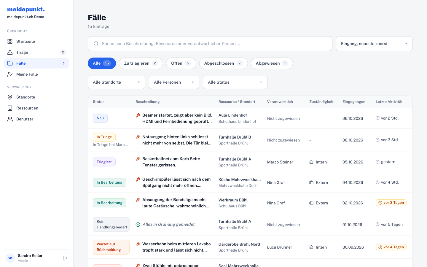 Interner Bereich: Liste aller Fälle mit Status
